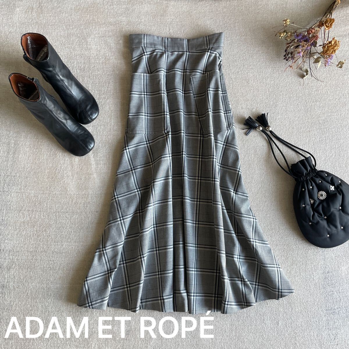 アダムエロペ ロングスカート フレアスカート ポケット付き チェックスカート レディース36サイズ 美品 ADAM ET ROPE ボトムス グレー拍卖
