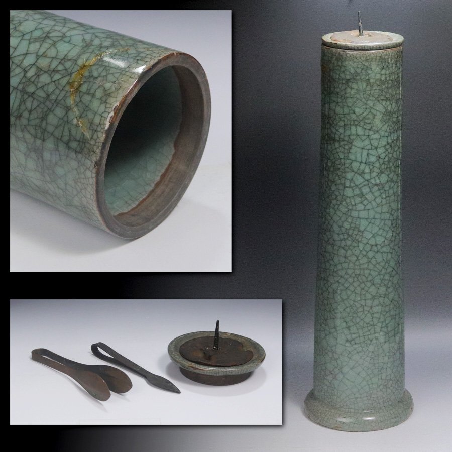 《源》【即決・送料無料】《明治期》大川内焼(鍋島)青磁 時代物 燭台/h=51.5cm拍卖