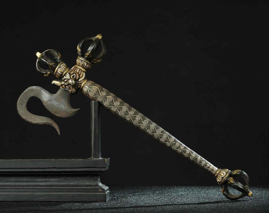 ■観心・時代旧蔵■K908清時代 仏教古美術 チベット密教 鉄翦金翦銀降魔斧 古法器★細密細工★廃寺旧蔵★廃寺買出品拍卖