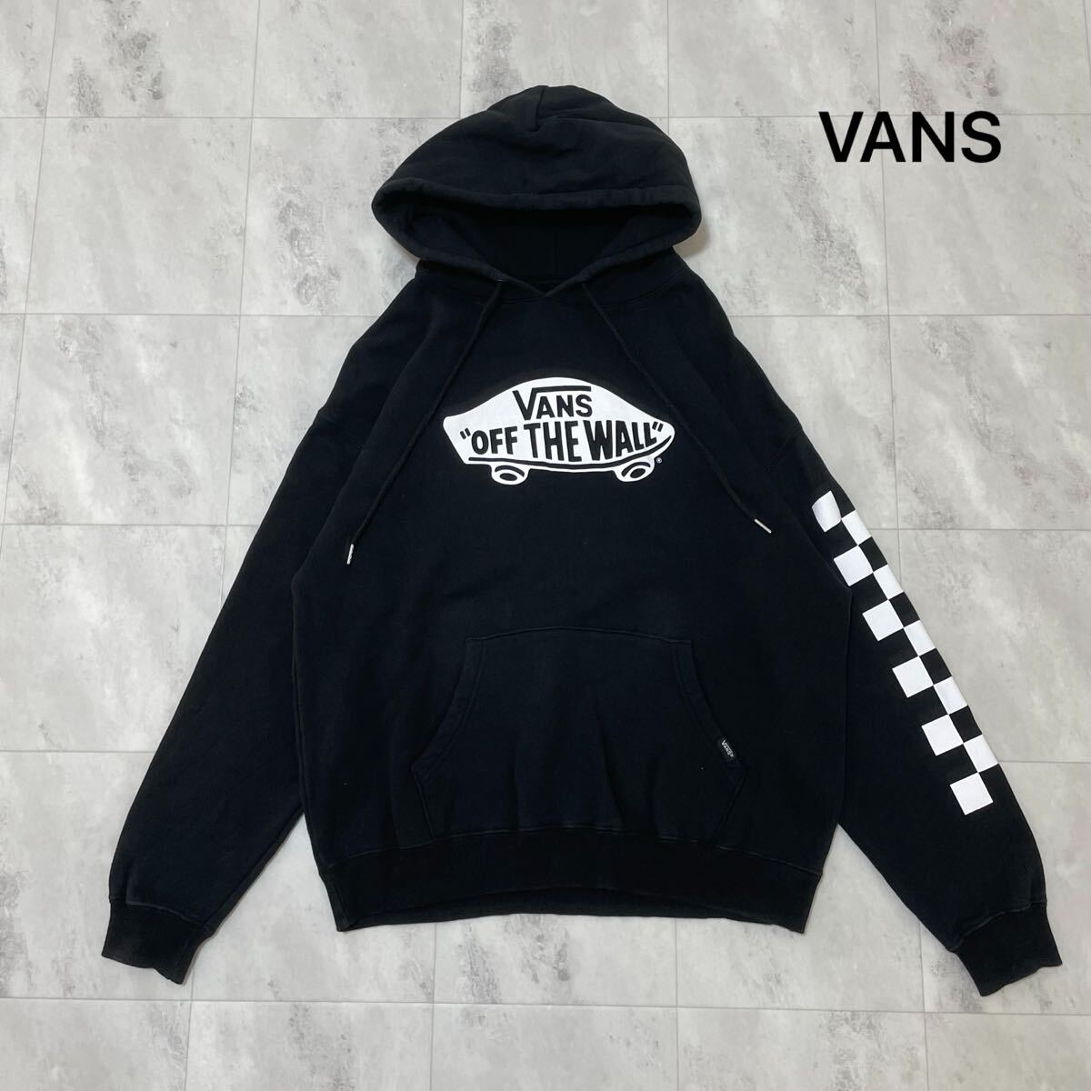 VANS バンズ sweat hoodie スウェットパーカー フード ビッグプリントロゴ スケボー ストリート ブラック サイズM 玉SS3088拍卖