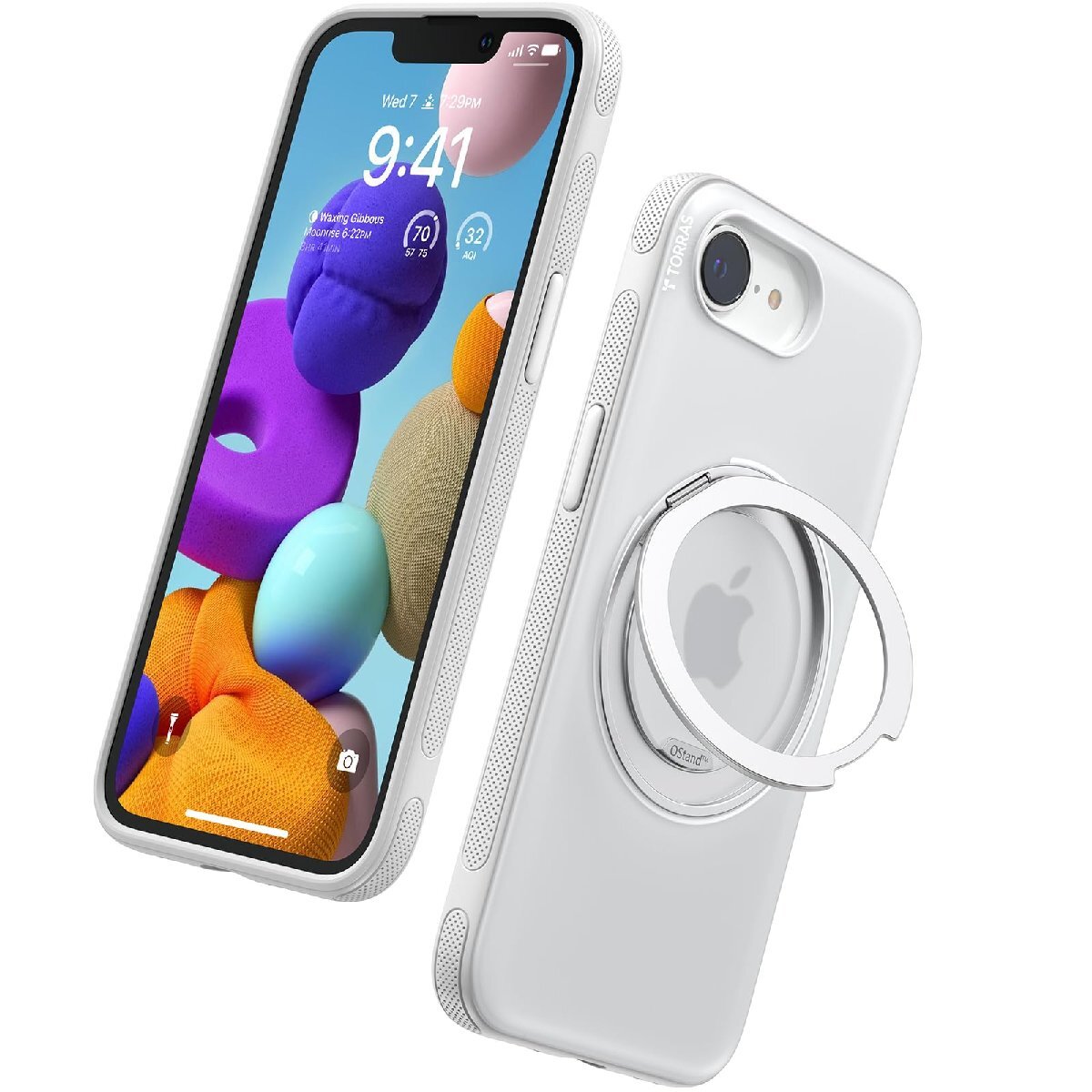 TORRAS iPhone16e ケーススタンド付き 半透明 黄ばみなし ストラップホール付き ワイヤレス充電 Ostand R Ofitness ホワイト拍卖