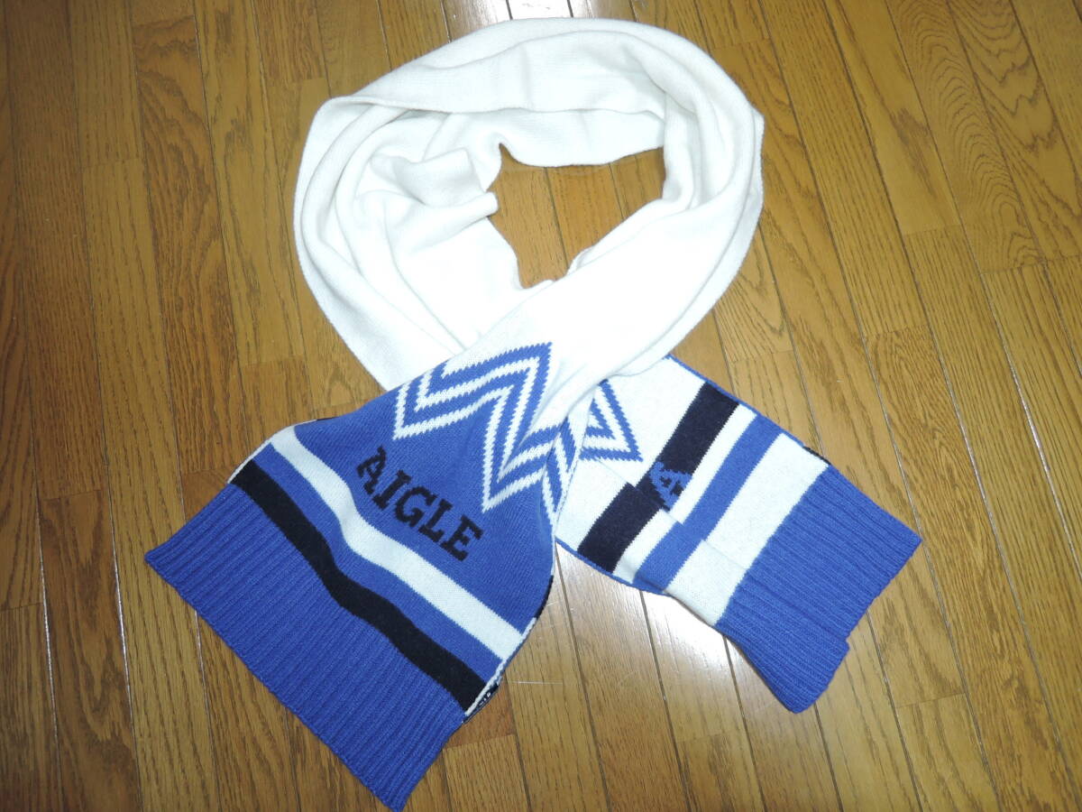 新品 AIGLE エーグル マフラー 白青系 ウール 大判ストール拍卖