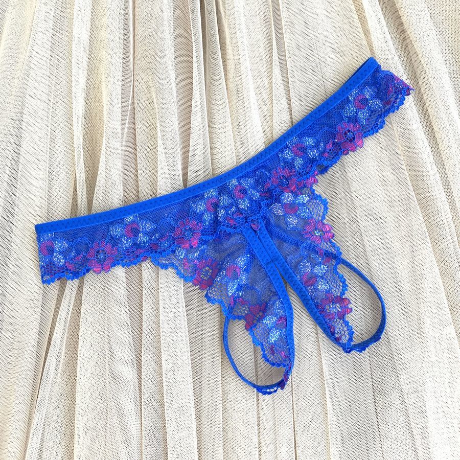 訳有新品 未使用送料無料ls72-5ブルー フラワー刺繍 オープンショーツ クロッチ当て布なし、股割れショーツ・セクシーショーツ拍卖
