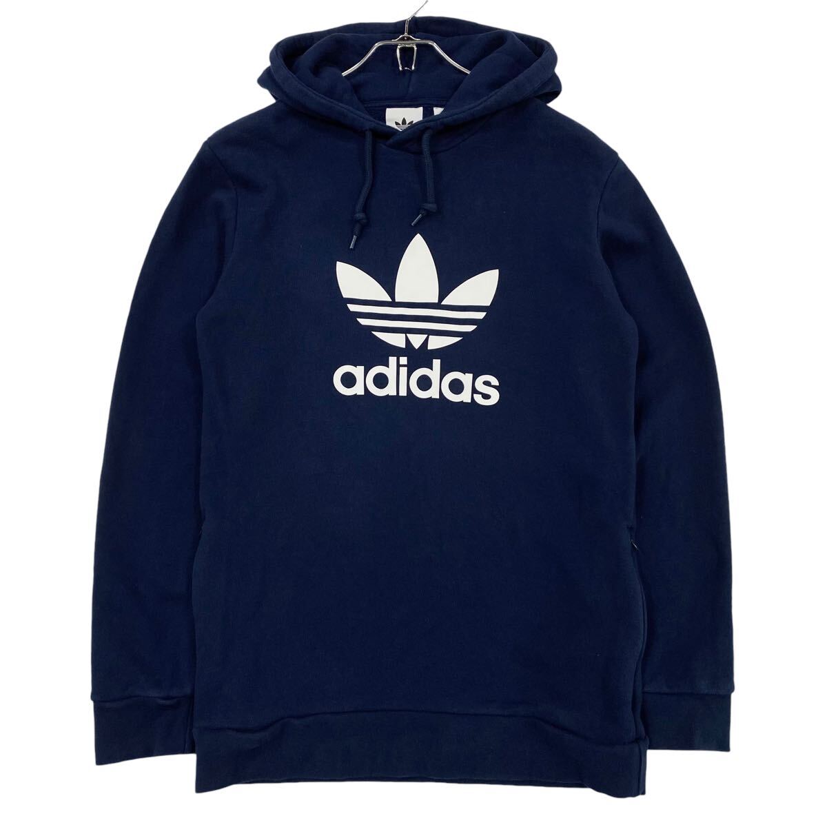 adidas(アディダス)スウェットパーカー フーディ トレフォイルロゴ 裏パイル地 メンズS ネイビー系拍卖