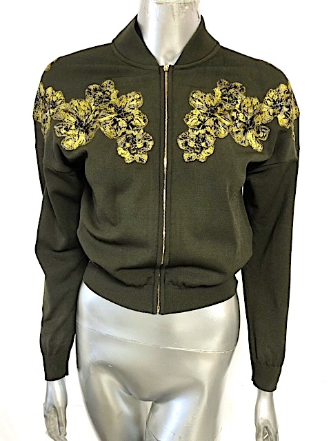 二点落札で送料無料!E02【ほぼ未使用】エポカ フラワー 花刺繍 ジップアップ ジャケット ブルゾン 40 カーキ アウター 上着 レディース拍卖