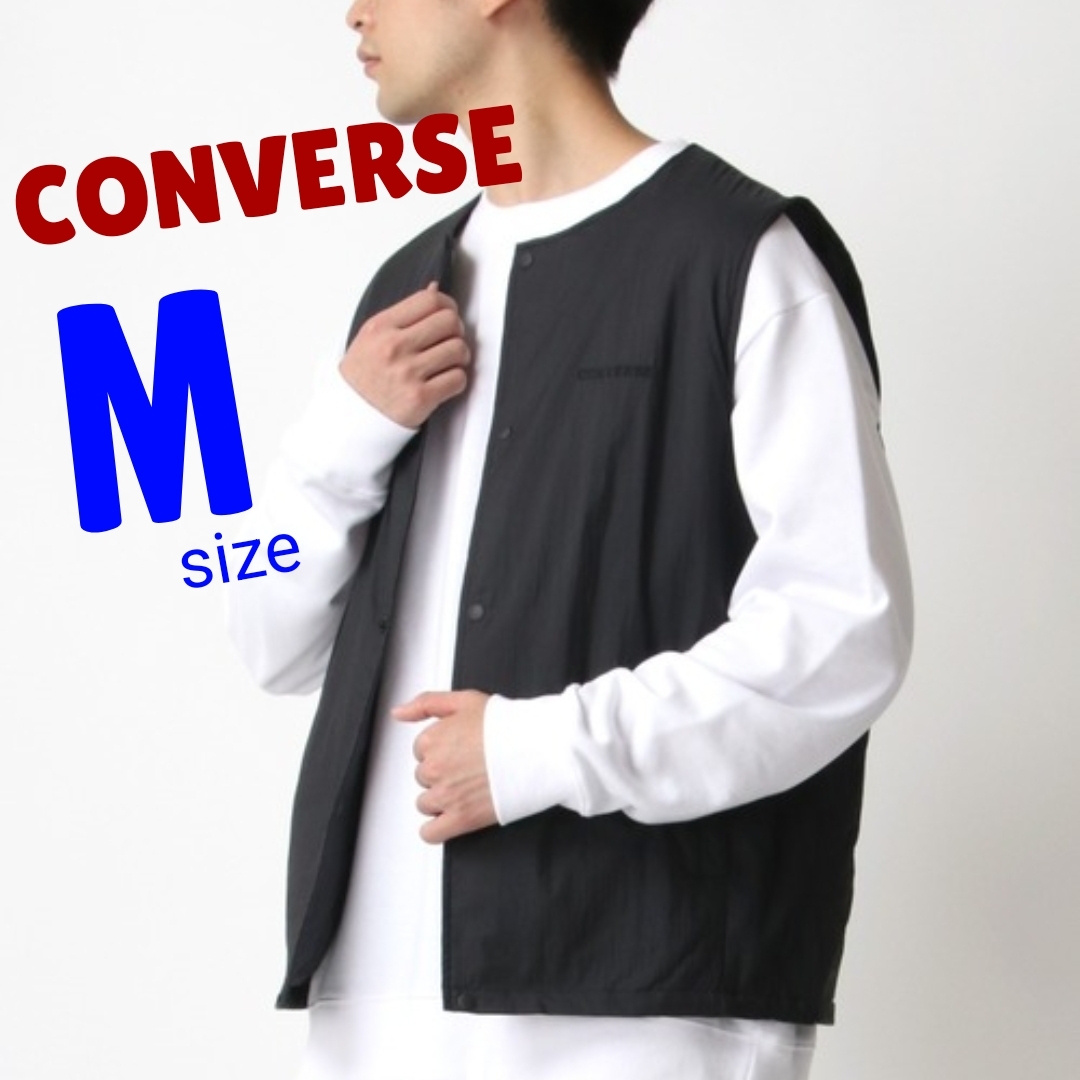 t2美品★Mサイズ★送料無料★CONVERSE 5500円★コンバース 中綿入りクルーネック ナイロンベスト ブラック黒色 男女兼用で着用OK拍卖