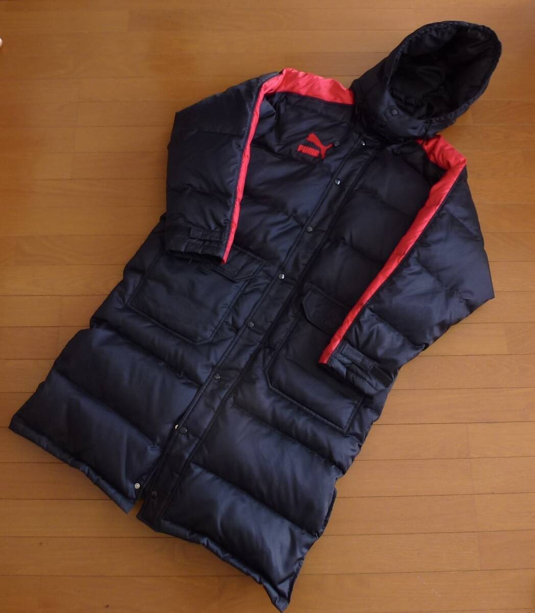 90s PUMA プーマ ロング ダウンコート ベンチコート 黒/赤 L-O スポーツ観戦 即決あり!拍卖
