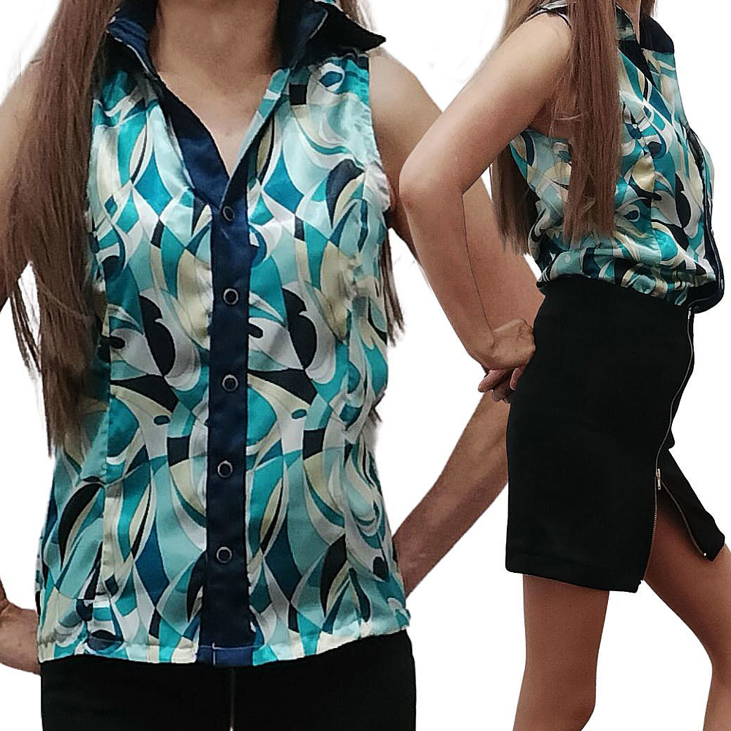 サテンブラウス サテンシャツ 柄物 プリント 幾何学 ノースリ 光沢 上質 高級 スーツインナー OL 秘書 制服 衣装 ブルー Made in Japan拍卖