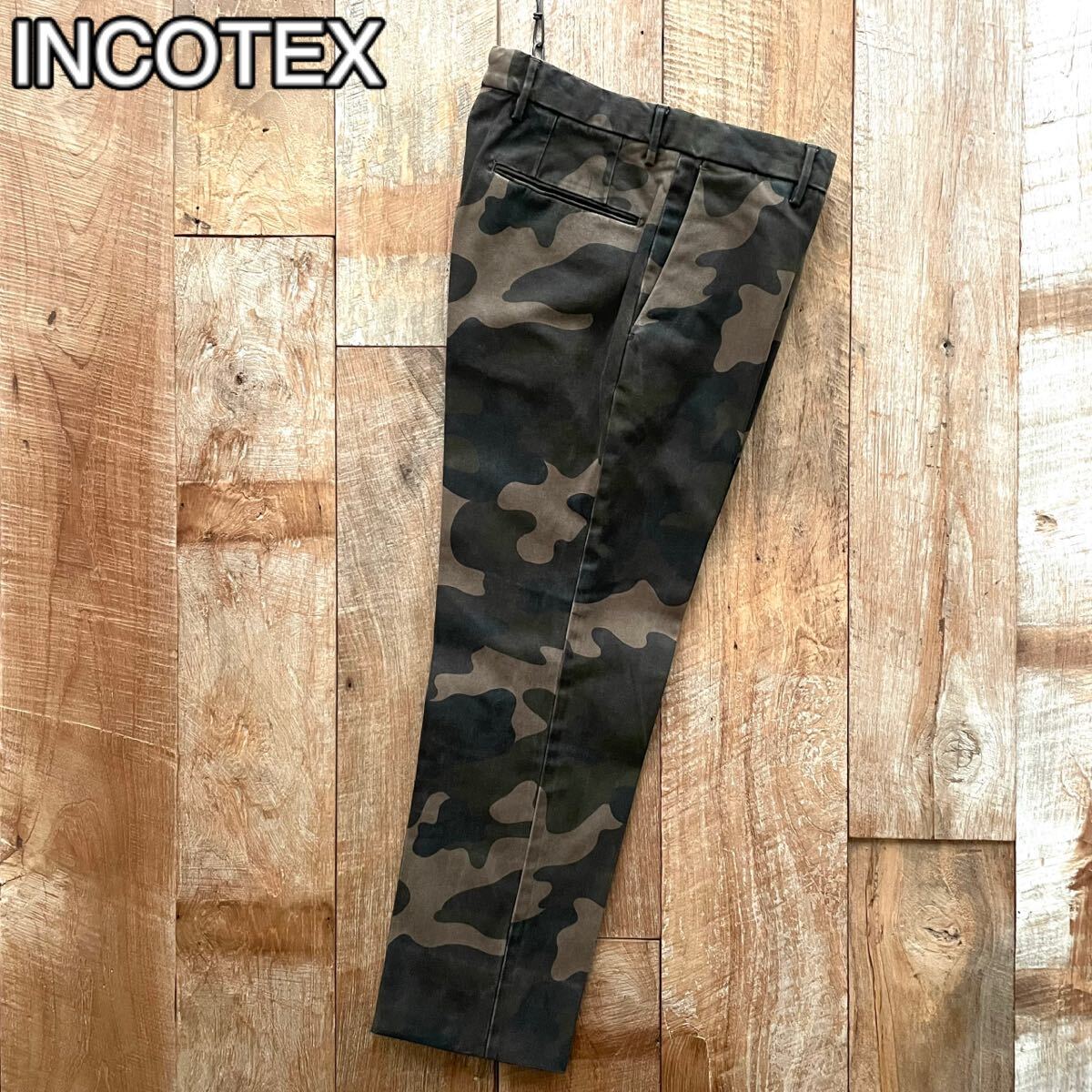 【美品】INCOTEX インコテックス HIGH COMFORT 迷彩柄 テーパード コットン スラックス パンツ 44 カーキ BEAMSF取扱拍卖