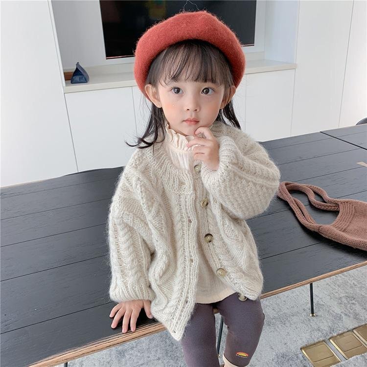 カーディガン キッズ ケーブル編み ニット セーター ベビー服 男の子 女の子 秋冬 春 長袖 もこもこ 防寒 暖かい 可愛い ベージュ120cm拍卖