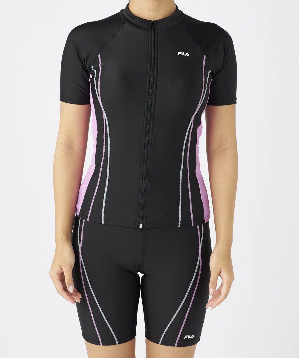 9号 Mサイズ 新品 FILA セパレーツ フィットネス水着 黒×ピンク めくれ防止 袖付き レディース 半袖 フルジップタンキニ 344191 送料無料拍卖