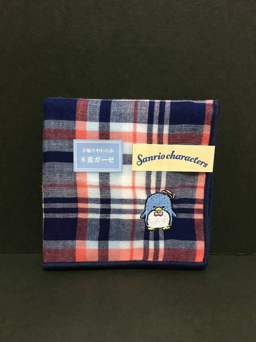 SANRIO/サンリオ タキシードサム 8重ガーゼハンカチ☆彡 チェック ネイビー☆ 刺繍 タオルハンカチ 新品 TUXEDOSAM拍卖