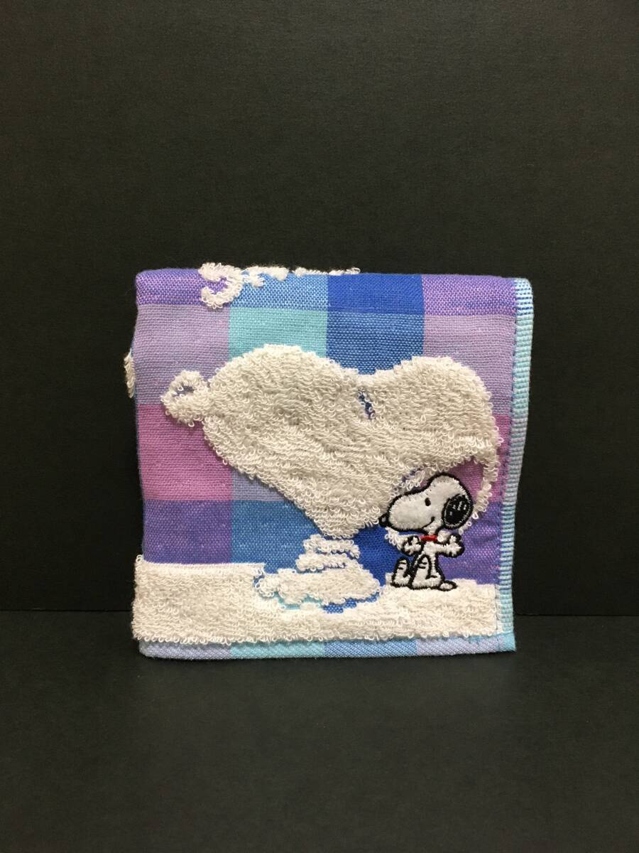 PEANUTS★スヌーピー タオルハンカチ☆彡 チェック ラベンダー☆ 25×25cm 刺繍ガーゼ 新品 西川 SNOOPY拍卖