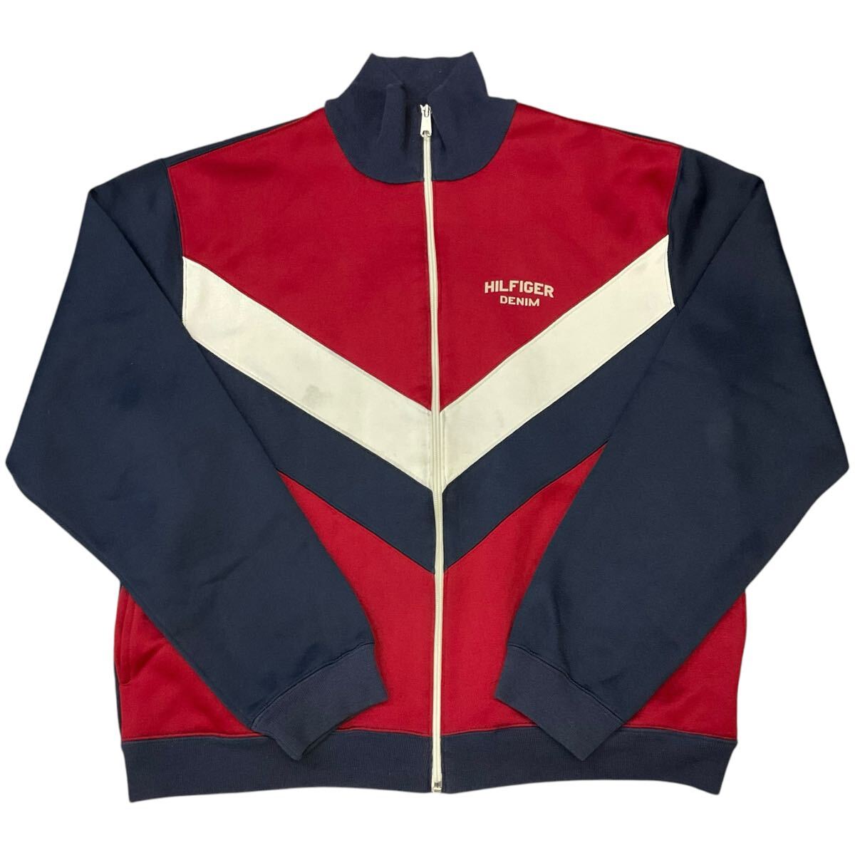 90s TOMMY JEANS トラックジャケット XL レッド×ホワイト×ネイビー HILFIGER ヒルフィガー ロゴ ジャージ ジャケット トミー ジーンズ拍卖