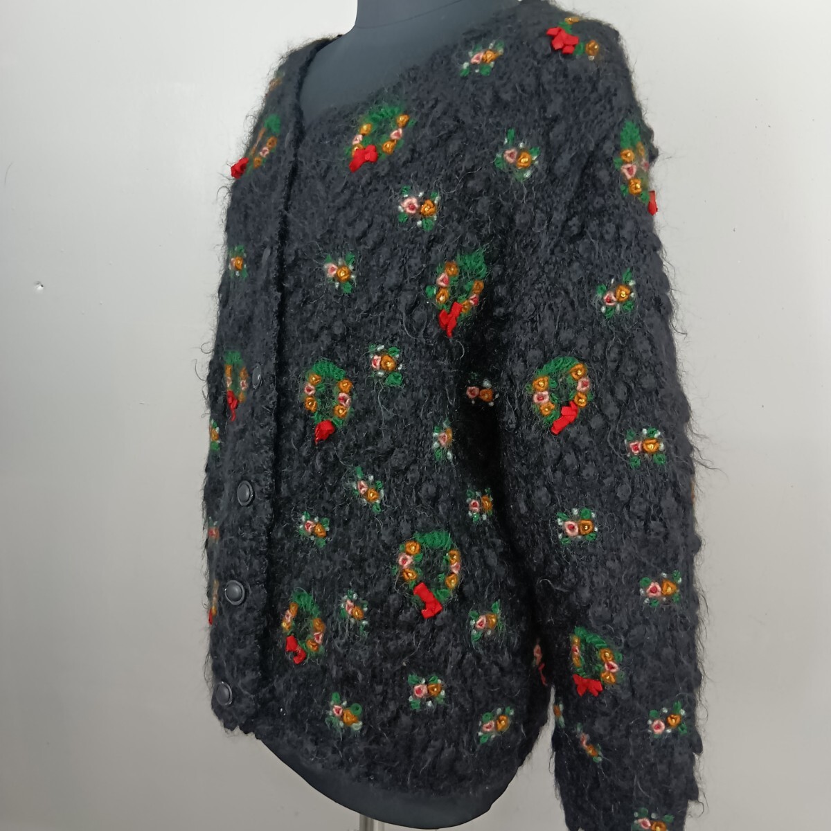 NOUGAT SUGAR ヌガーシュガー ヴィンテージ モヘアニットカーディガン 総柄 総刺繍 クリスマスリース 80サイズ拍卖
