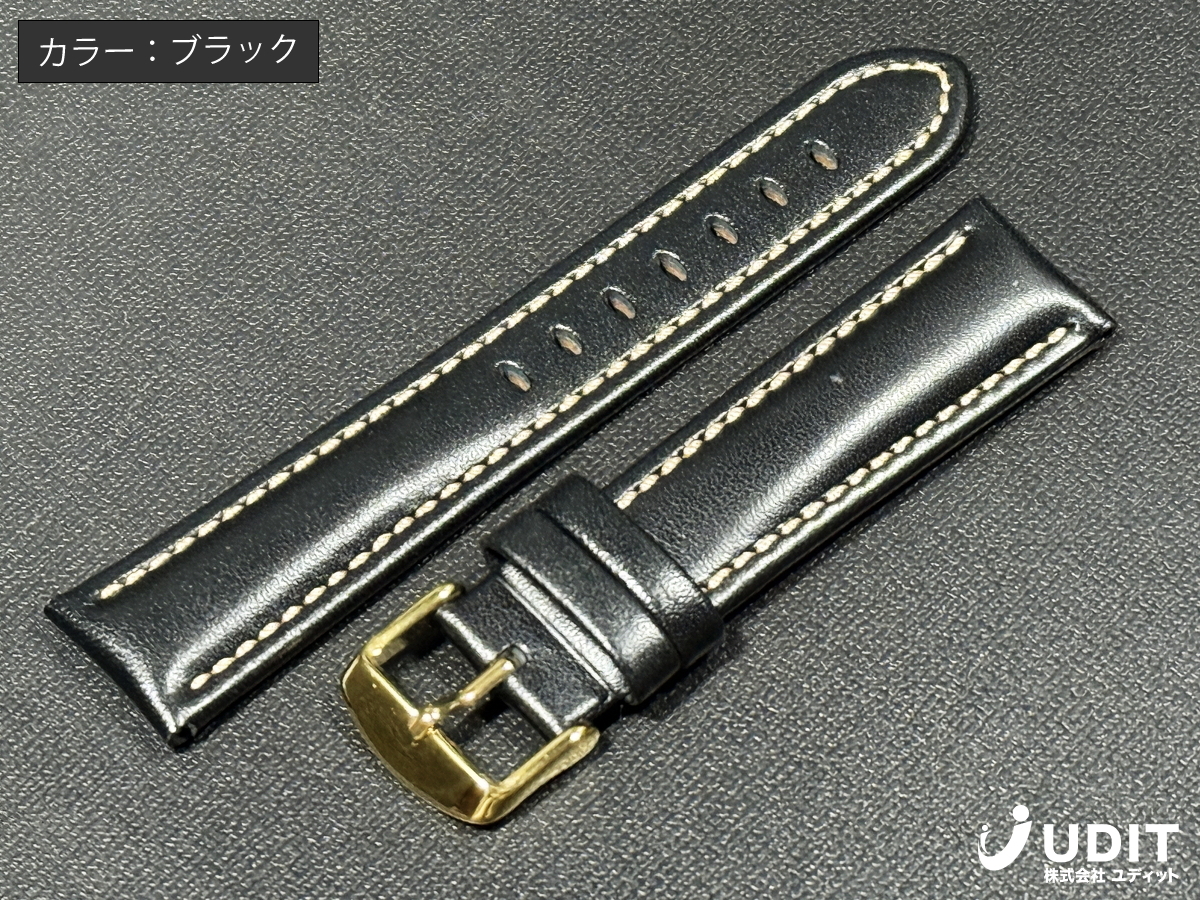 ラグ幅20mm 本革 腕時計ベルト コードバン ブラック レザーベルト 時計用バンド ゴールド尾錠(ステンレス製)拍卖