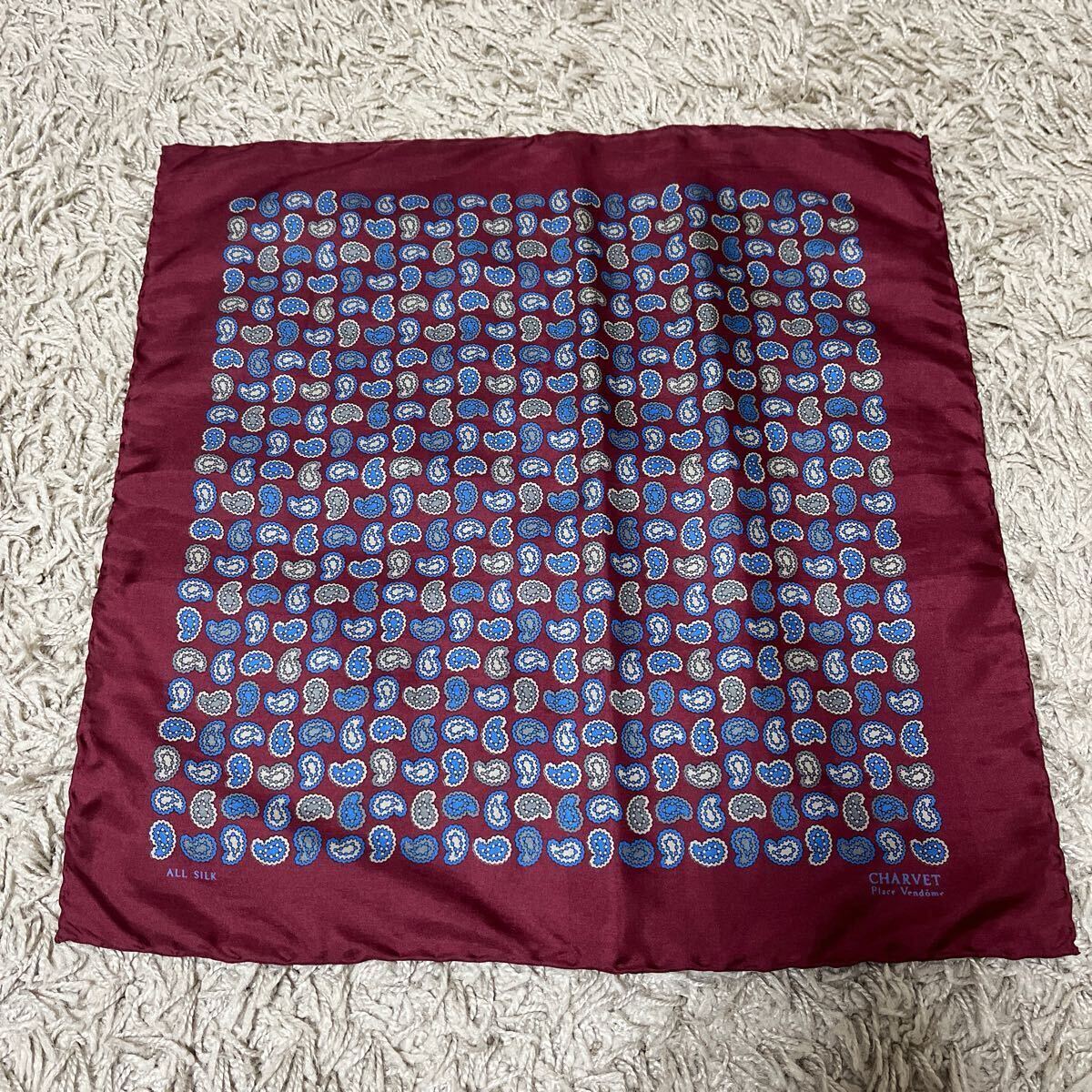美品 CHARVET シャルべ フランス 最高級 ポケットチーフ バーガンディ ワインレッド ペイズリー シルク100% 42㌢×42㌢ 極薄 スカーフ拍卖