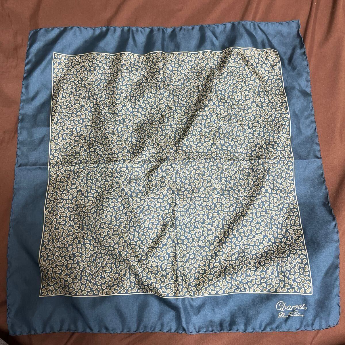 美品 CHARVET シャルべ フランス 最高級 ポケットチーフ ブルーグリーン ベージュ ペイズリー シルク100% 46㌢×46㌢ 極薄 スカーフ拍卖