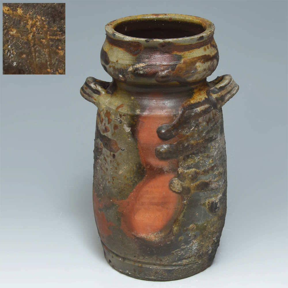 在銘 作者不詳 備前 窯変 耳付花入 高:23cm 花器 花瓶 花生 華道具 茶道具 陶磁器 z8759t拍卖