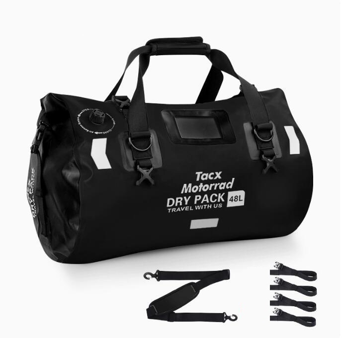 新入荷バイク用シートバッグ キャンプ大容量48Lショルダーバッグ容量可変防水 折り畳んで収納 通勤通学 リフレクター 大きな開口部ブラック拍卖