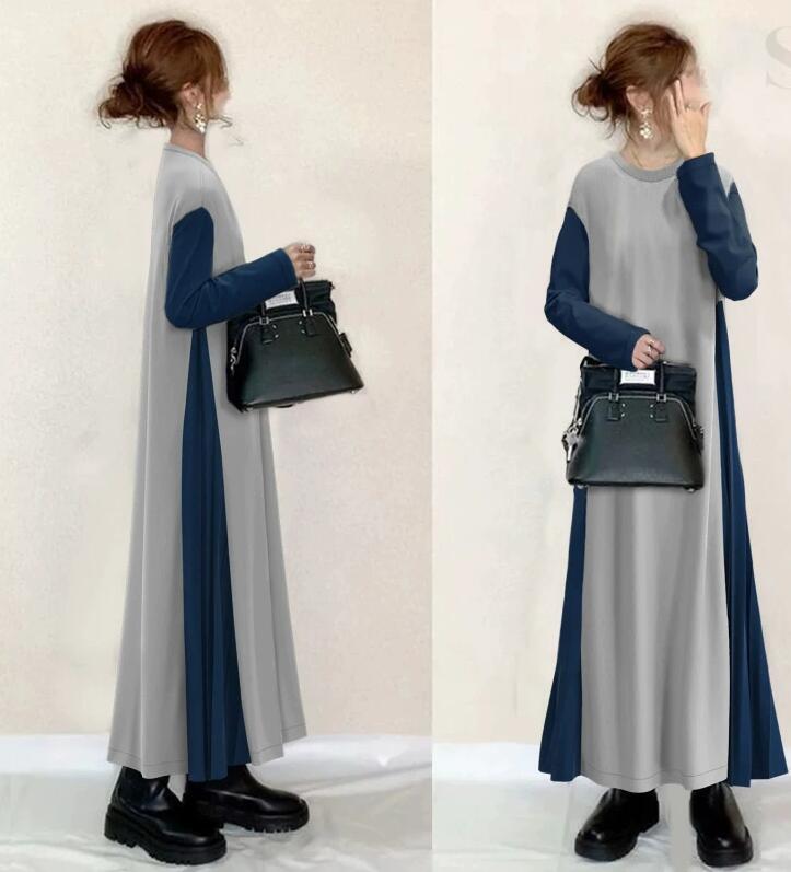 新入荷スウエット素材裏起毛のサイドが紺色のロング丈ワンピ新品大きいサイズグレーのシンプルワンピ拍卖