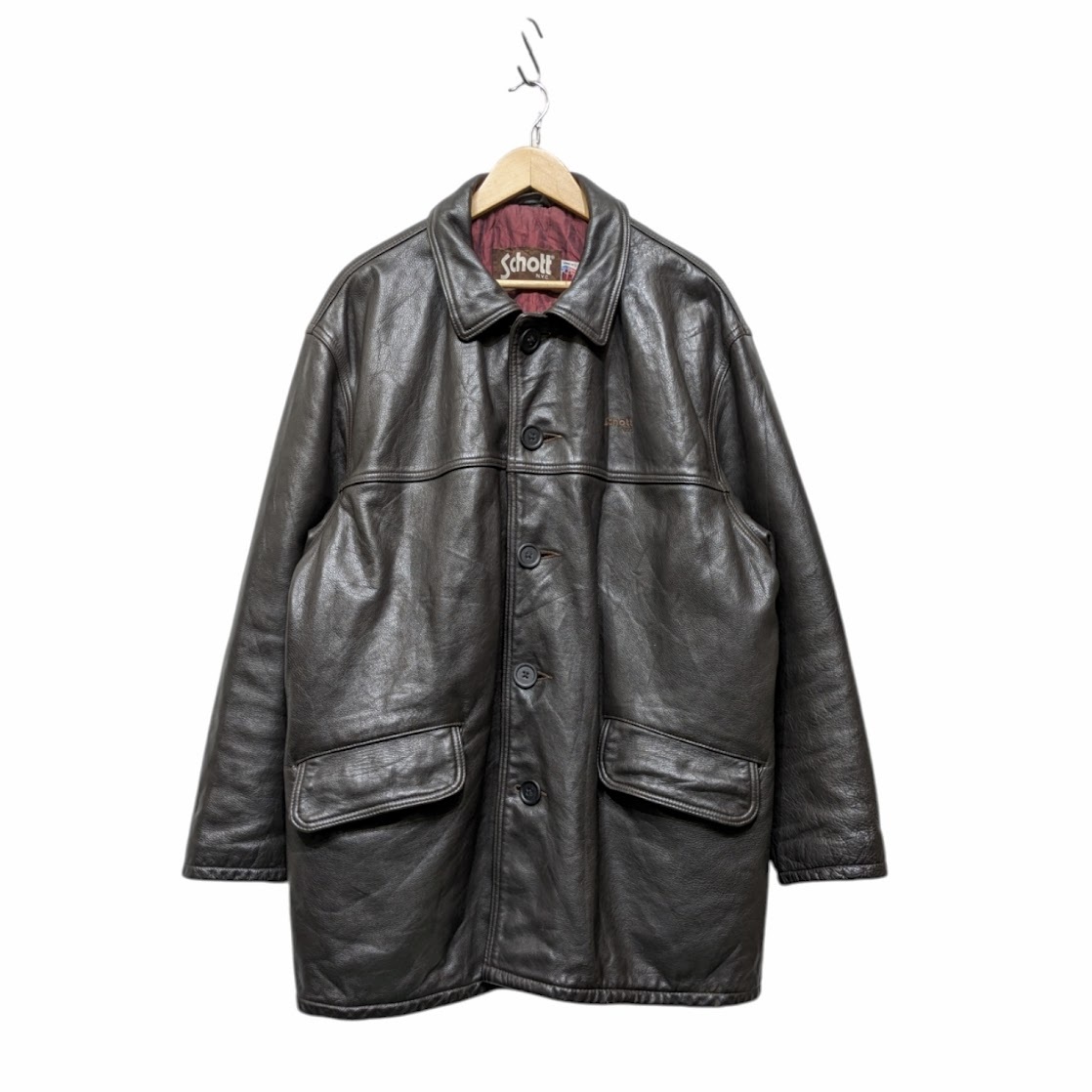 Schott ショット レザージャケット カーコート USA製 90s 523J サイズ48? 本革 裏地キルティング ブラック 茶芯 茶タグ ボタン替えあり拍卖
