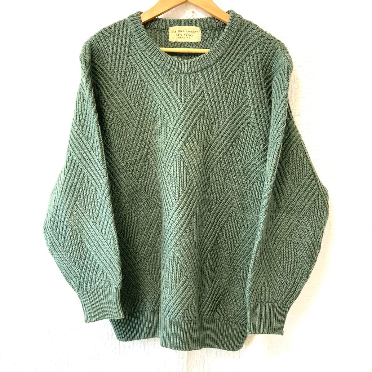 日本製◎ 状態良好◎【 ALL ONE'S HEART IT'S PATOS GENUINE】ウール100% クルーネック ニット セーター 古着 グリーン/Y25893UU拍卖