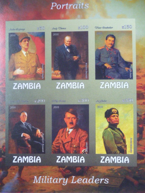 ザンビア切手『第二次世界大戦』(各国リーダー)6枚シート 無目打 ヒトラー/スターリン/ムッソリーニ/ルーズベルト/チャーチル/ドゴール拍卖