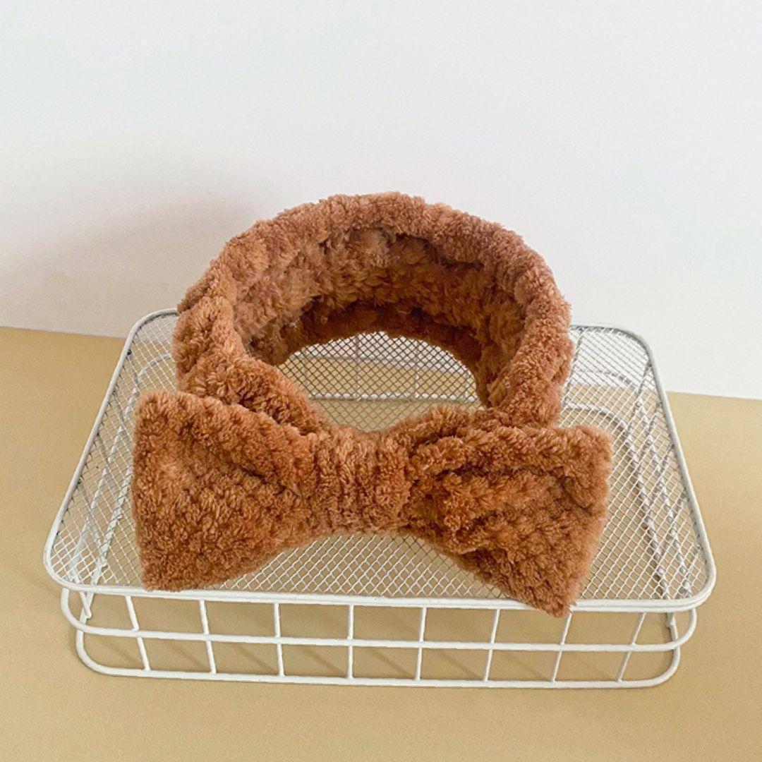 ふわふわ リボン ヘアバンド ブラウン お風呂 メイク 洗顔 可愛い レディース ターバン 新品 茶色拍卖