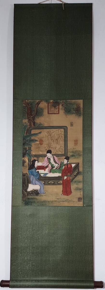 中国書画 掛け軸 中国・元時代 劉貫道書「人物図立軸」絹本立軸 書道巻物 真筆逸品 肉筆保証 唐物 古画 LOT-02241拍卖