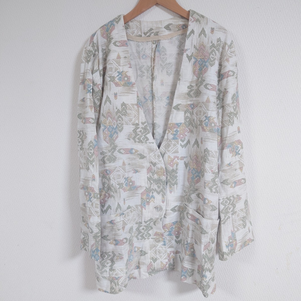 古着 ネイティブ柄 カーディガン 民族 アイボリー 総柄 ビンテージ 拍卖