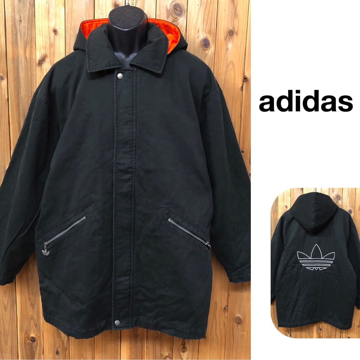 80's /adidas /アディダス メンズM 長袖ジャケット 中綿キルティング ジャンパー コート フード着脱可 ビッグロゴ ビンテージ古着 アウター拍卖