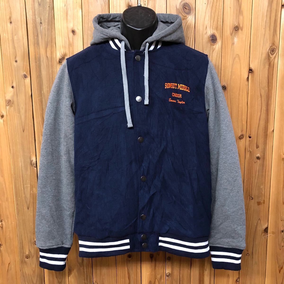 Sport-Tek /メンズS 長袖 中綿ジャケット ブルゾン スタジャン フード着脱可 ネイビー ロゴ刺繍 SUNSET MIDDLE アメカジ アウター 古着拍卖