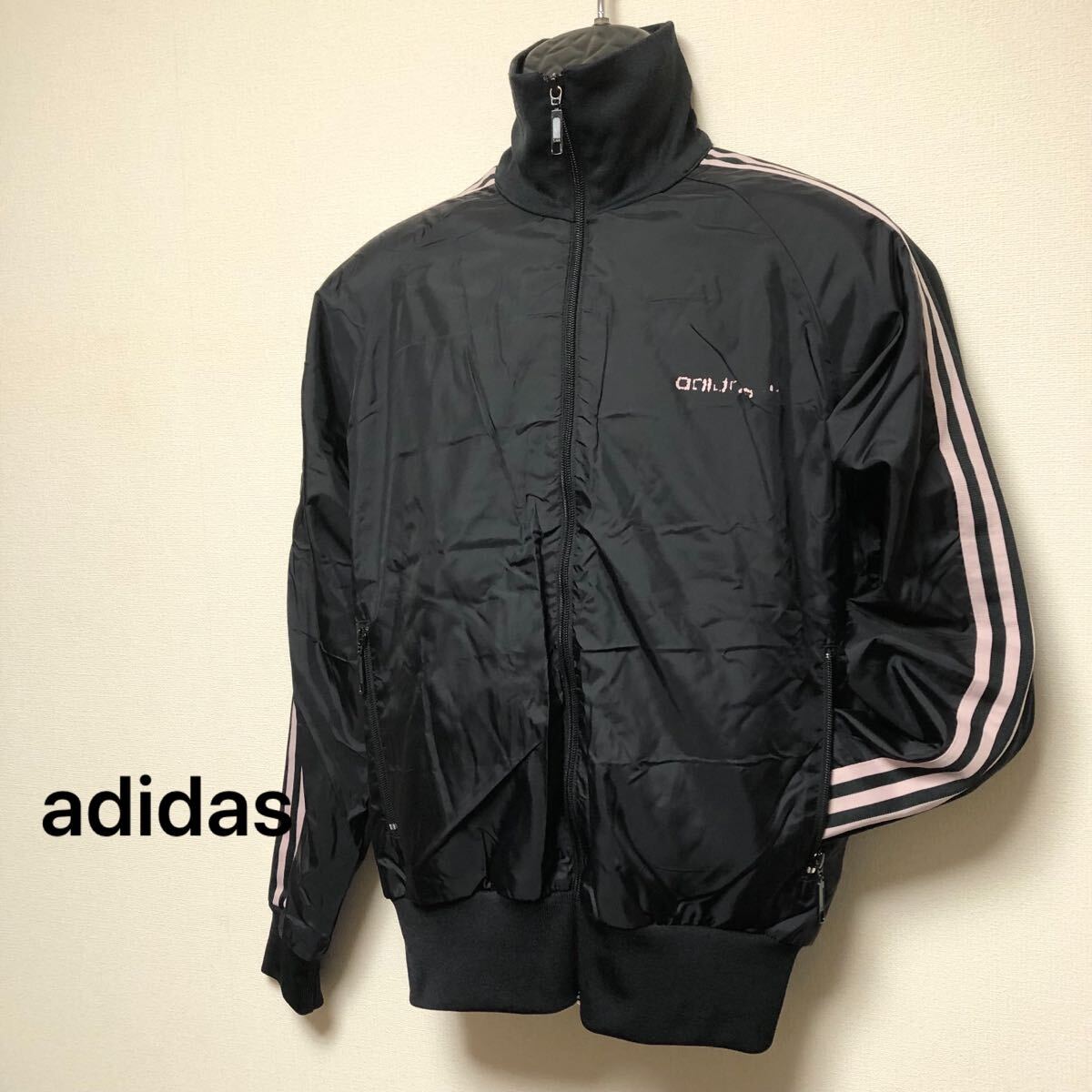 adidas /アディダス /メンズL ブラック 長袖ジャケット ハイネック ウィンドブレーカー ジャージ 三本ライン ジャンパー スポーツウェア拍卖