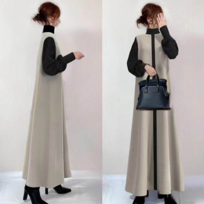 同梱1万円送料無料 セーター素材のロング丈ワンピ★新品★Lサイズ大きいサイズもOK★Aライン白と黒のカラーブロックがおしゃれ拍卖