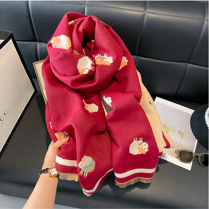 送料無料新品 極上柔らか肌触り上質カシミヤ バーシブル仕様 大判 ストール ショール マフラー おしゃれ かわいい  ひつじ柄拍卖