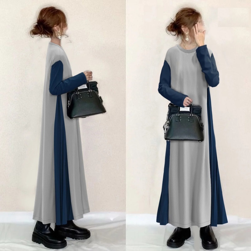 「同梱1万円送料無料」スウエット素材裏起毛のサイドが紺色のロング丈ワンピ★新品★大きいサイズ★グ レーのシンプルワンピ拍卖