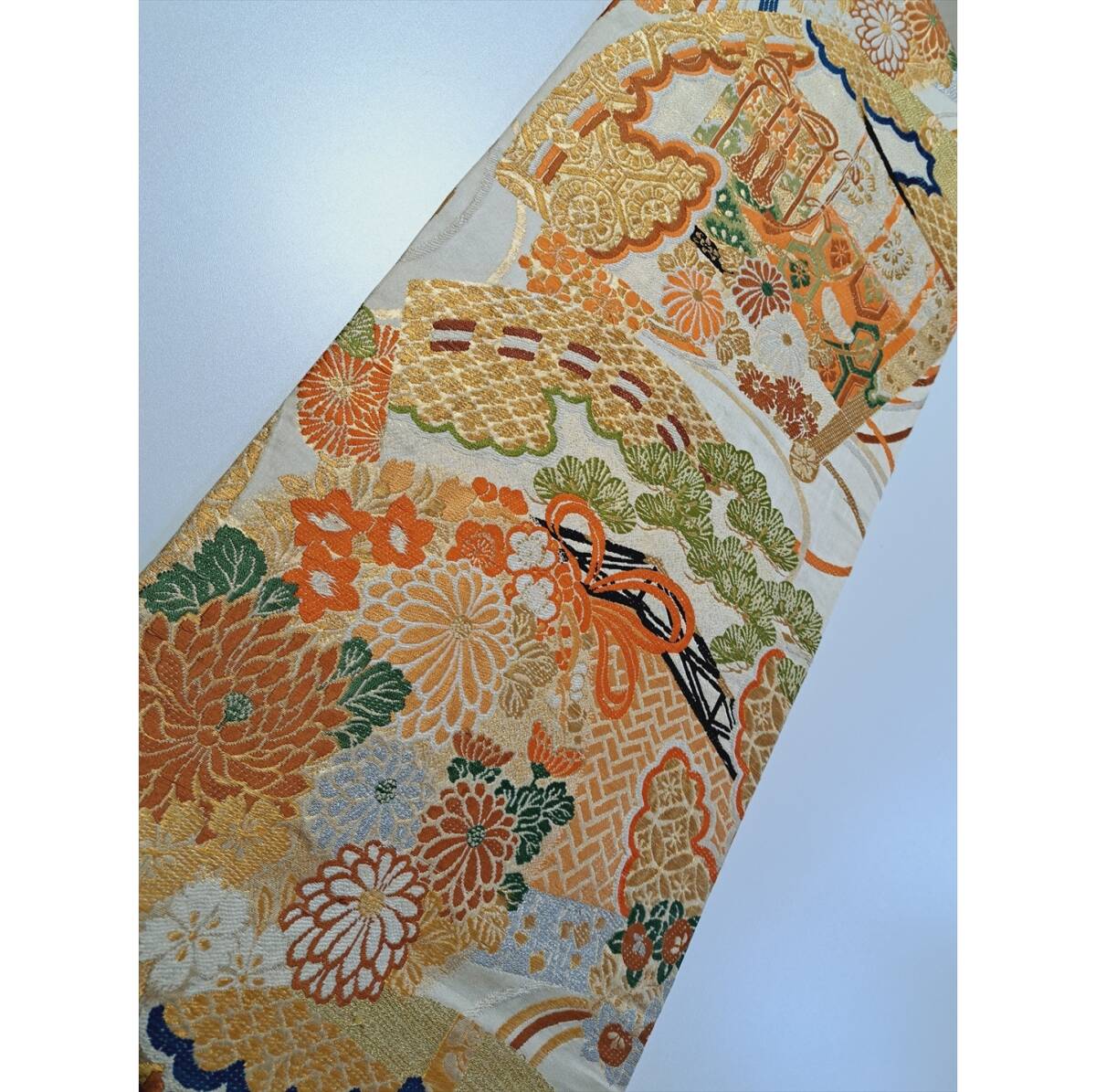 ■着物の越田■幅32長さ402 アンティーク 正絹 丸帯 両面全通 金糸 銀糸 引抜き帯 貝桶 菊 松 梅 橘■は19J05拍卖
