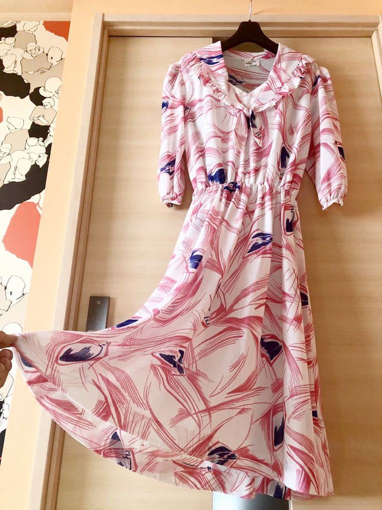 美品フランス製パリヴィンテージショップ購入modelsdoposeブリルレース長袖七分袖半袖フレアーワンピースS-M♪白地にピンクネイビー拍卖