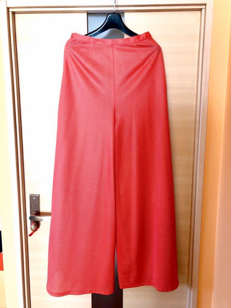 フランスパリ購入ヴィンテージ超ロングフレアーワイドパンツ薄地S-M♪赤色水玉ストレッチ素材着丈105cm拍卖
