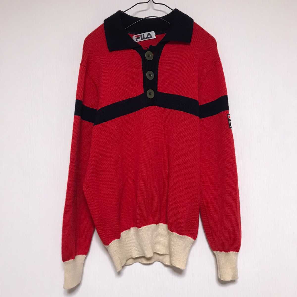 90s FILA フィラ ニット セーター ヘンリーネック ウール バイカラー レッド ブラック拍卖
