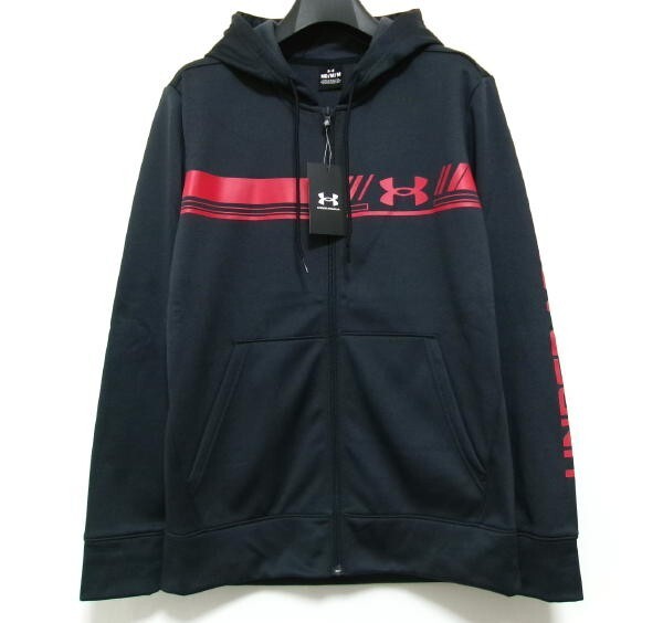 新品★UNDER ARMOUR アンダーアーマー★UAアーマーフリースバーロゴ パーカー★ブラック×レッド Mサイズ 吸汗速乾性拍卖
