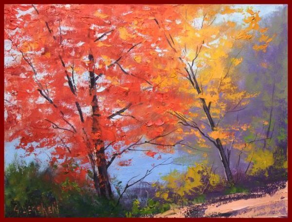 ☆☆☆油彩画 「湖上」  見事な紅葉!    BY拍卖