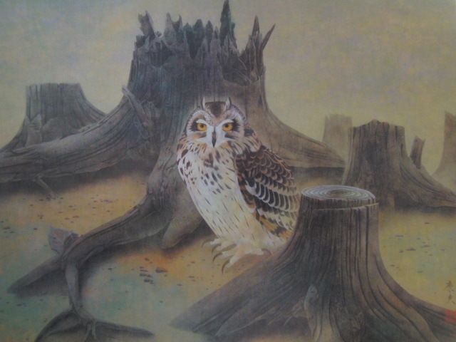 藤井康夫、【小木菟】、希少な大判額装用画集より、美品、日本人画家、新品額装付、送料込み拍卖