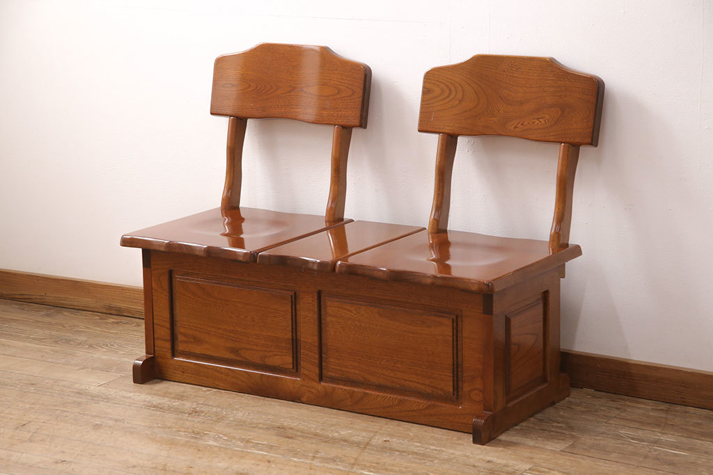 R-050973 中古 伝統木芸士 石橋武士作 ケヤキ材 上質な和の空間づくりに活躍する2人掛けベンチ(チェア・椅子)(定価16万5千円)拍卖