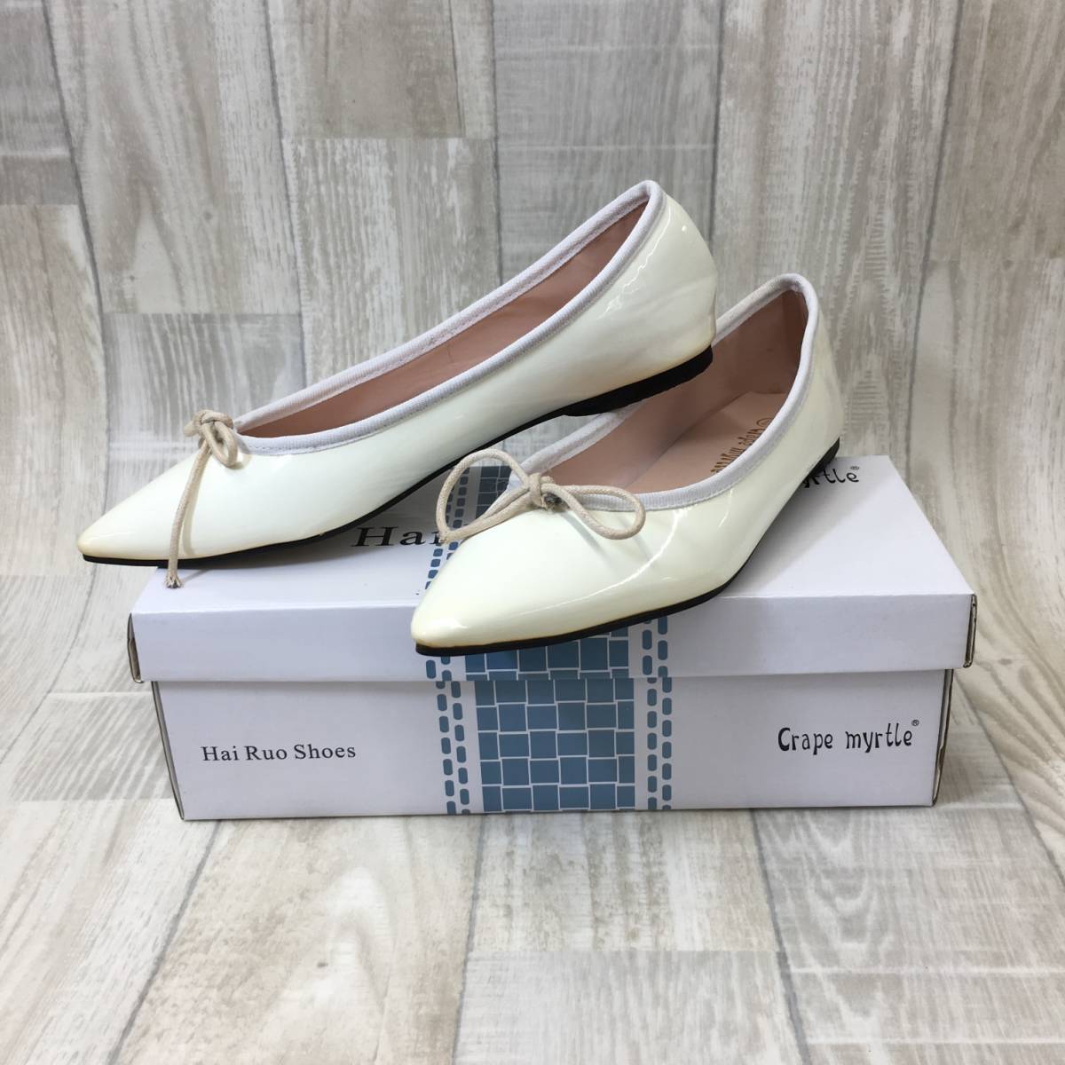 NZH016●Crape Myrtle ポインテッドトゥエナメル パンプス●37●ホワイト~クリーム系 クレープミルテ拍卖