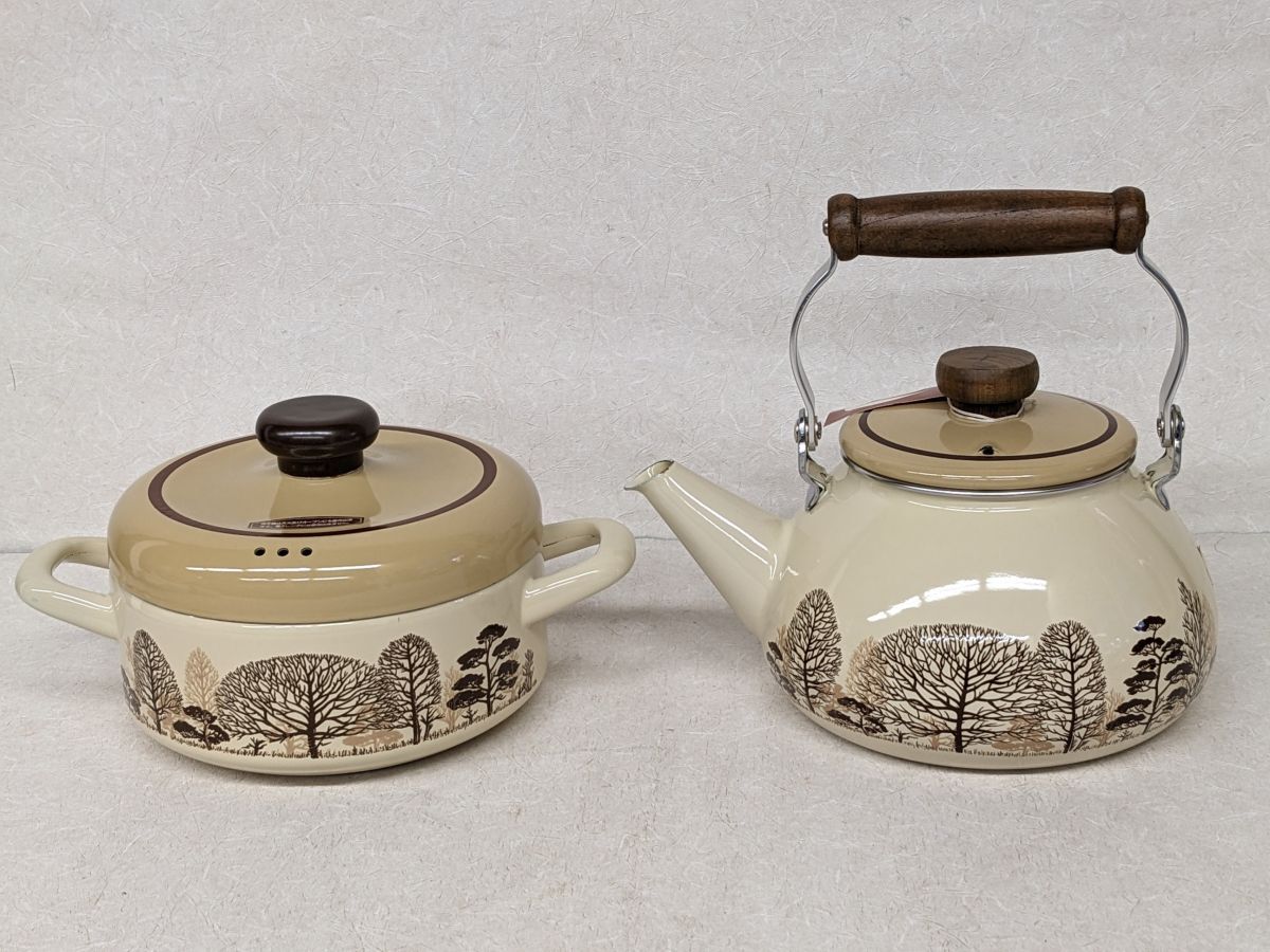 bb838● 新品 未使用*エジリー/EJIRY*ホーローセット*18㎝両手鍋/2Lケトル*木かげ*天然生活*レトロ*ウッドハンドル*made in japan/100拍卖