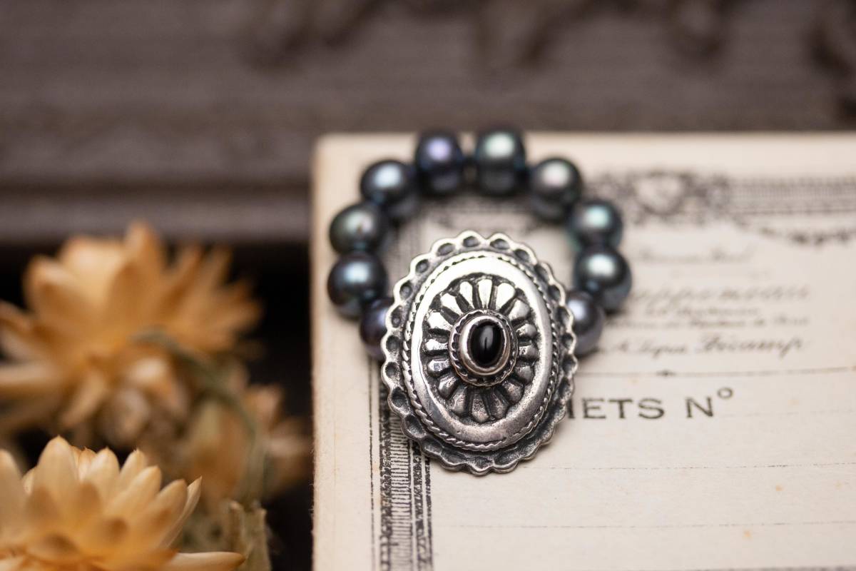 *Black pearl & Silver925 concho リング拍卖