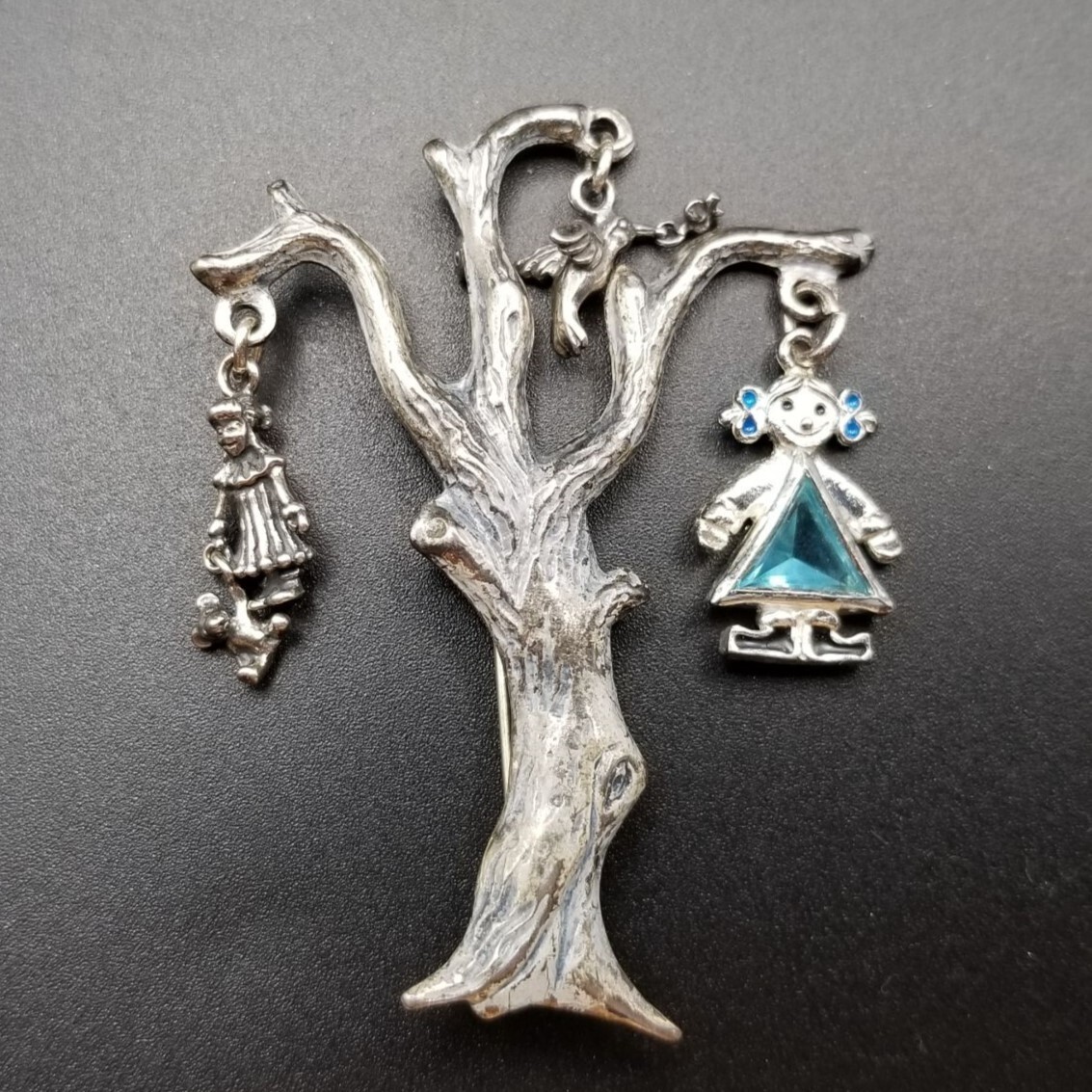 70's CONCRAFT社製 ヴィンテージ 925 シルバー 木のブローチ 銀細工 鳥と女の子のチャーム レトロ キュート Tree of Knowledge Y5-D拍卖