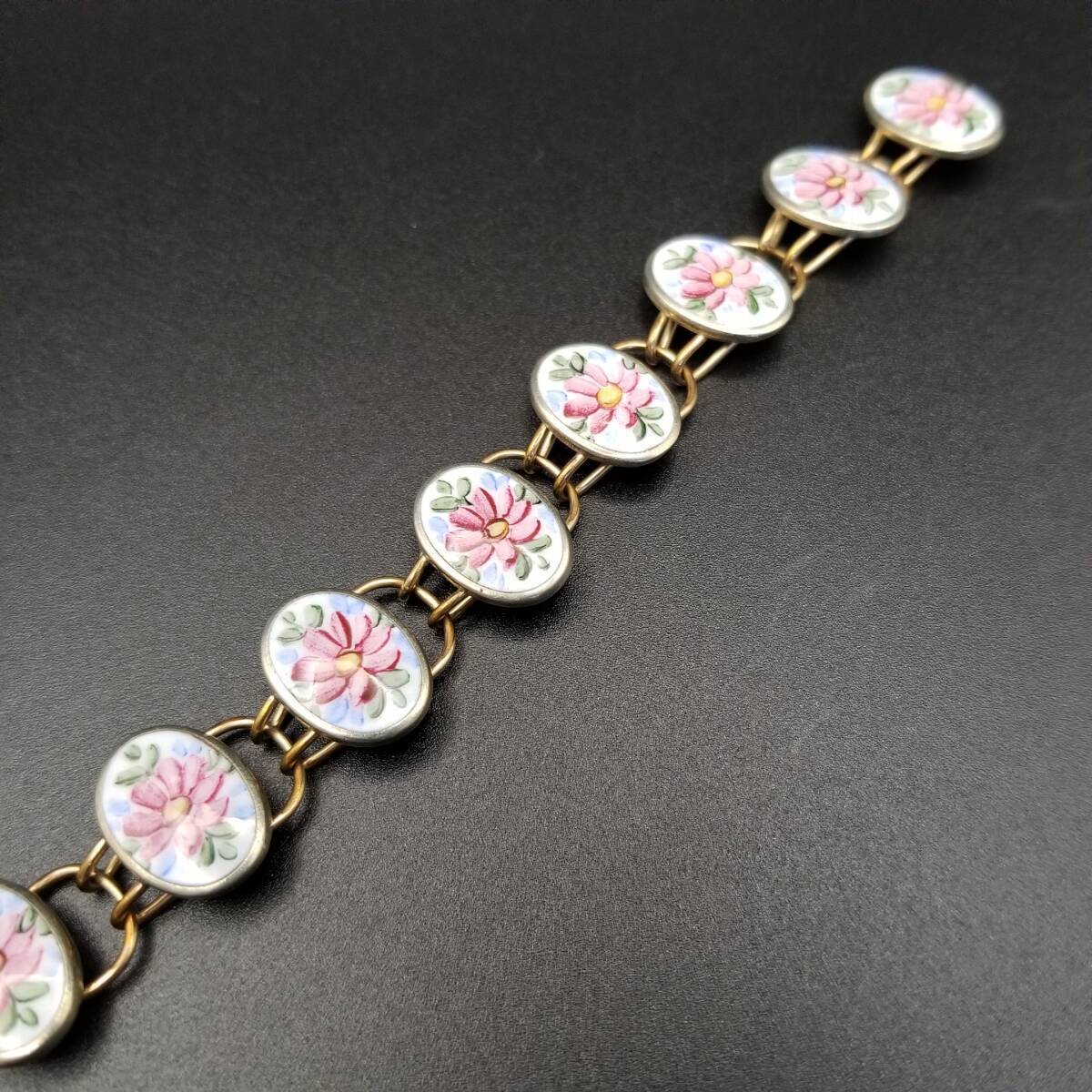 ピンクのお花 ハンドペイント オーバルチェーン ヴィンテージ フラワー ブレスレット K12ゴールド金張り フローラル フェミニン Y19-O拍卖